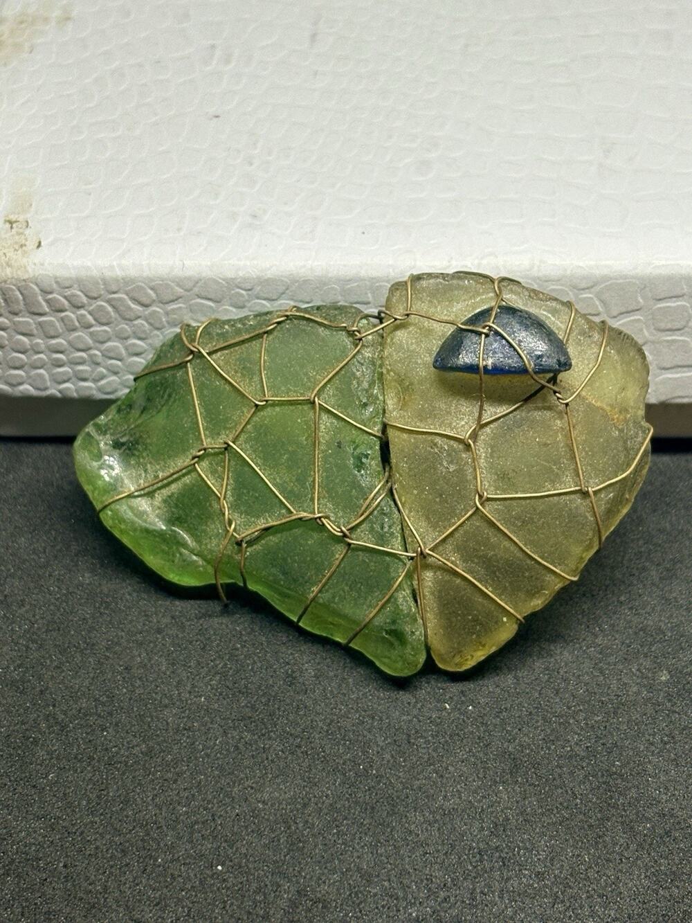 Handmade Wire Wrapped Sea Glass Brooch Pin Green Genuine Beach Glass OOAK